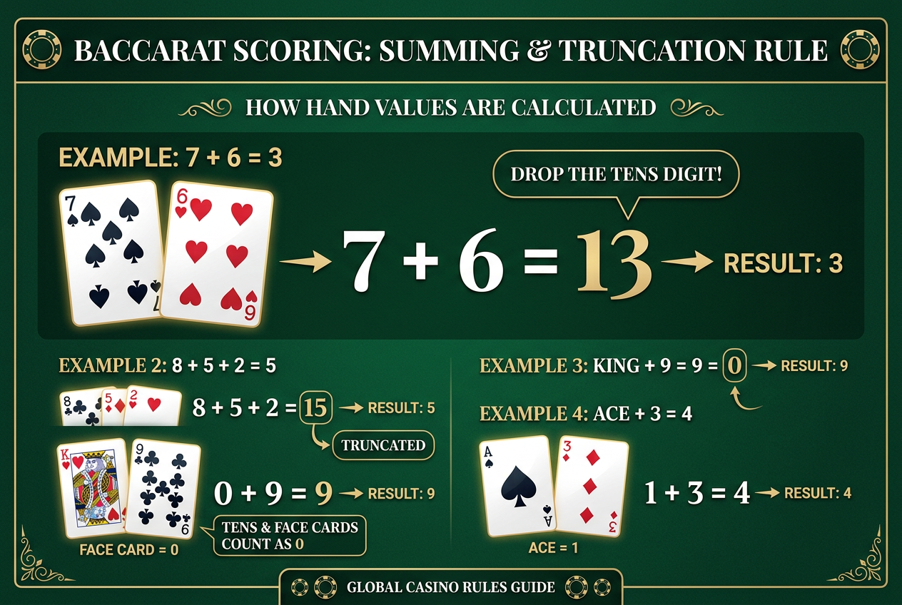 Infografika przedstawiająca sposób zliczania punktów w baccarat online na przykładzie kart